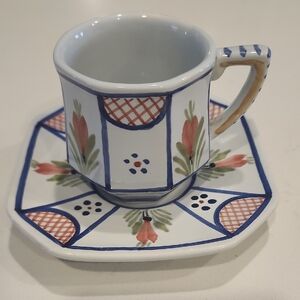HB Quimper Mistral Blue  Flat Cup & Saucer Octagonal Center Woman